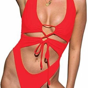 Women's Sexy Cutout Lace Up Backless High Cut One Piece Swimsuit Monokini